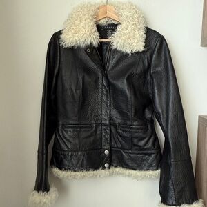 Laundry By Shelli Segal Black Leather Jacket with Lamb Fur Accents Size M